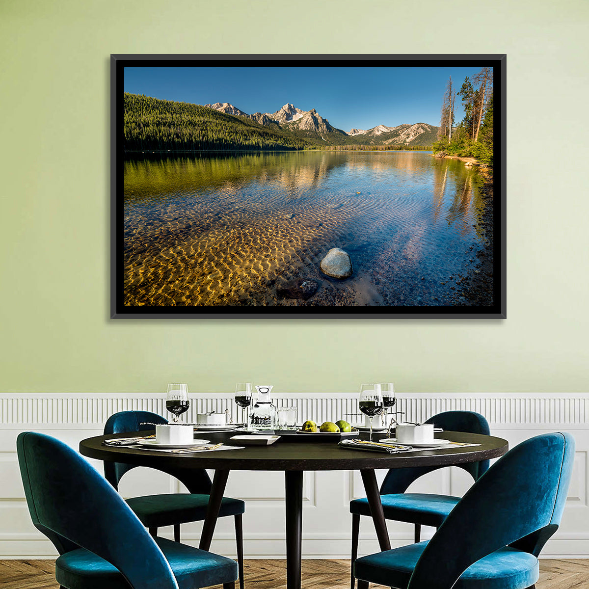 Morning Light at Stanley Lake Wall Art in a room, landscape