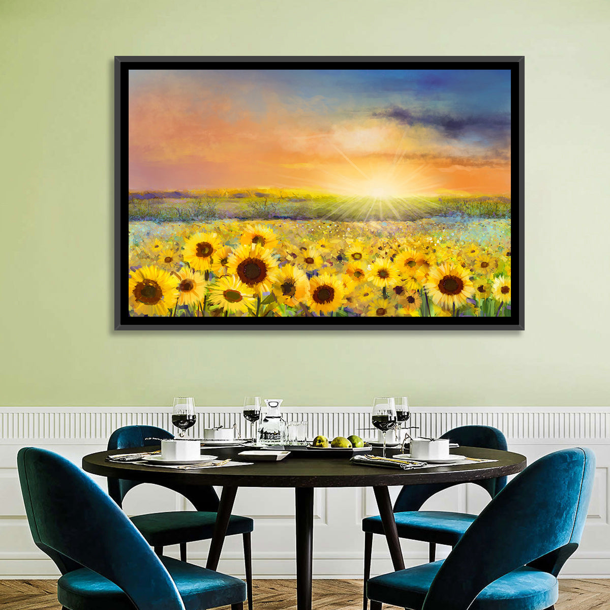 Sunburst Over Sunflower Field Wall Art in a room, landscape