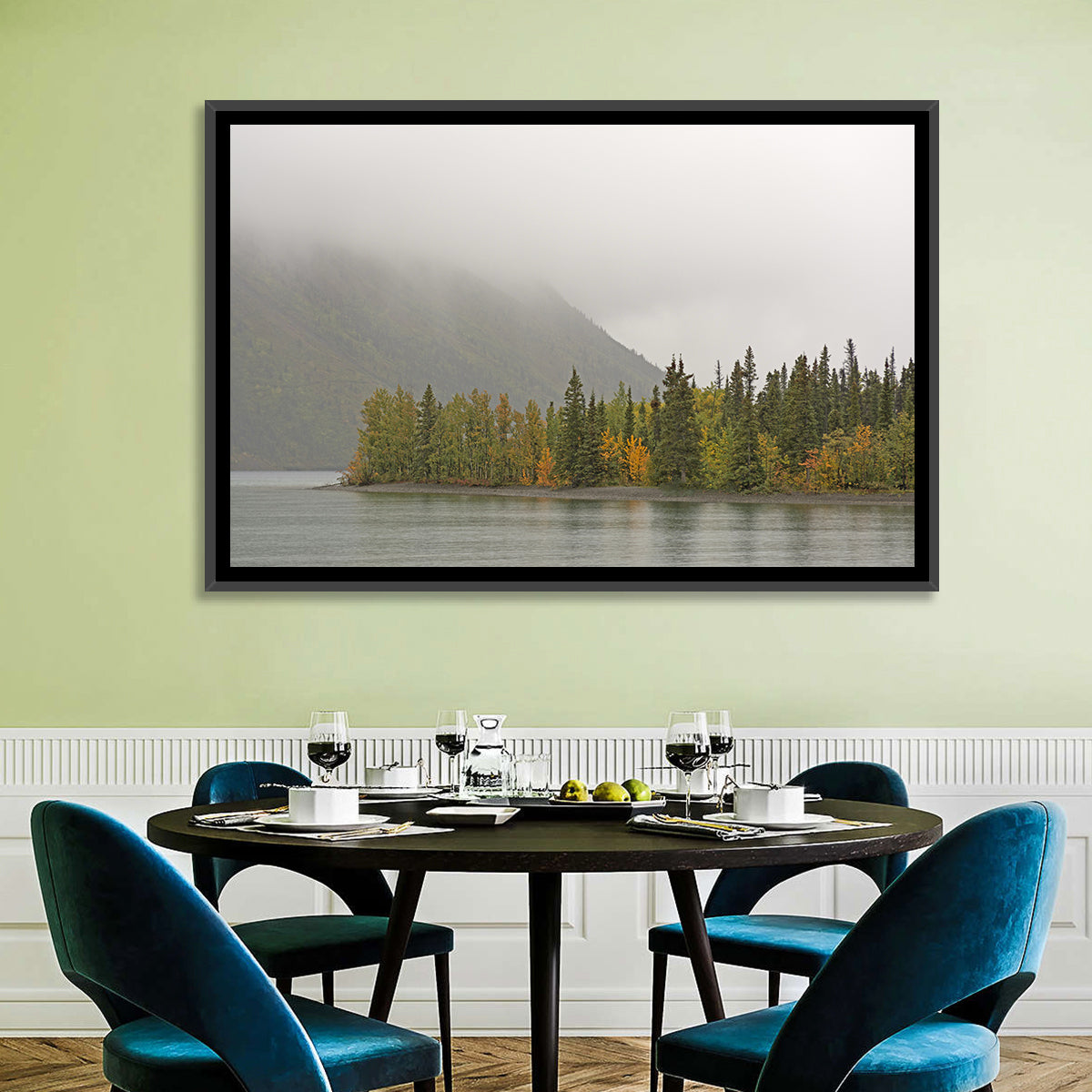 Kathleen Lake Autumn Shoreline Wall Art in a room, landscape