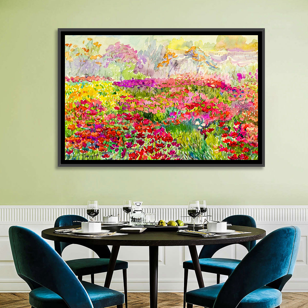 Summer Poppy Meadow Watercolor Wall Art in a room, landscape
