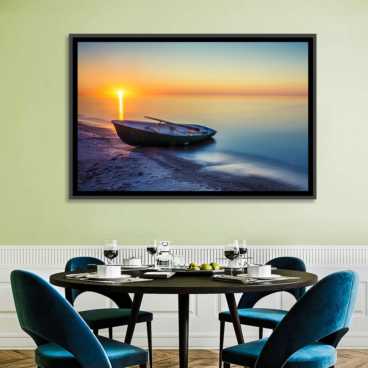Rowboat Sunrise Seascape Wall Art in a room, landscape