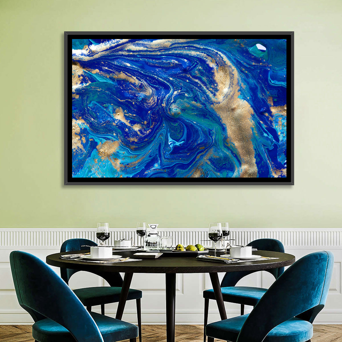 Blue and Gold Liquid Marble Swirls Wall Art