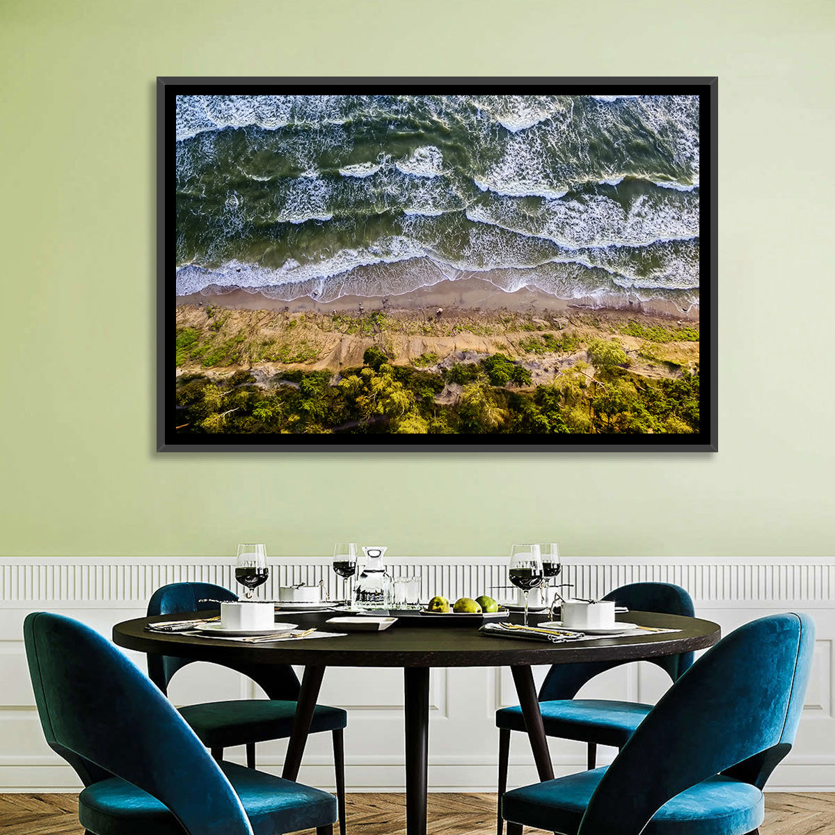 Aerial Waves Over Sandy Cliff Wall Art in a room, landscape