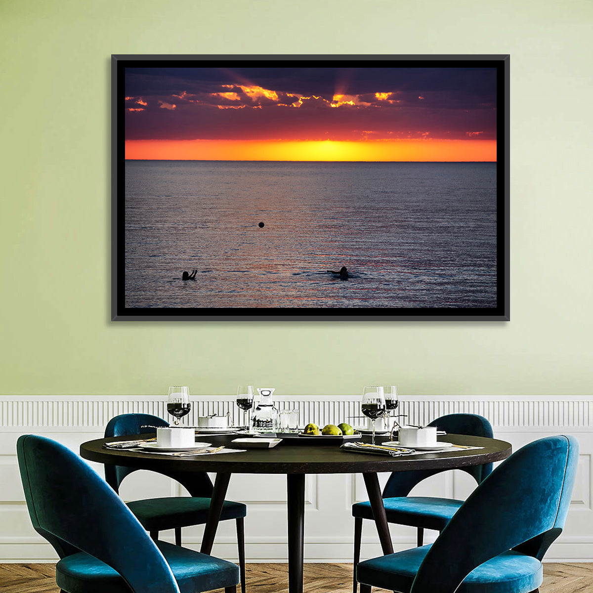 Balkhash Sunset Silhouettes Wall Art in a room, landscape