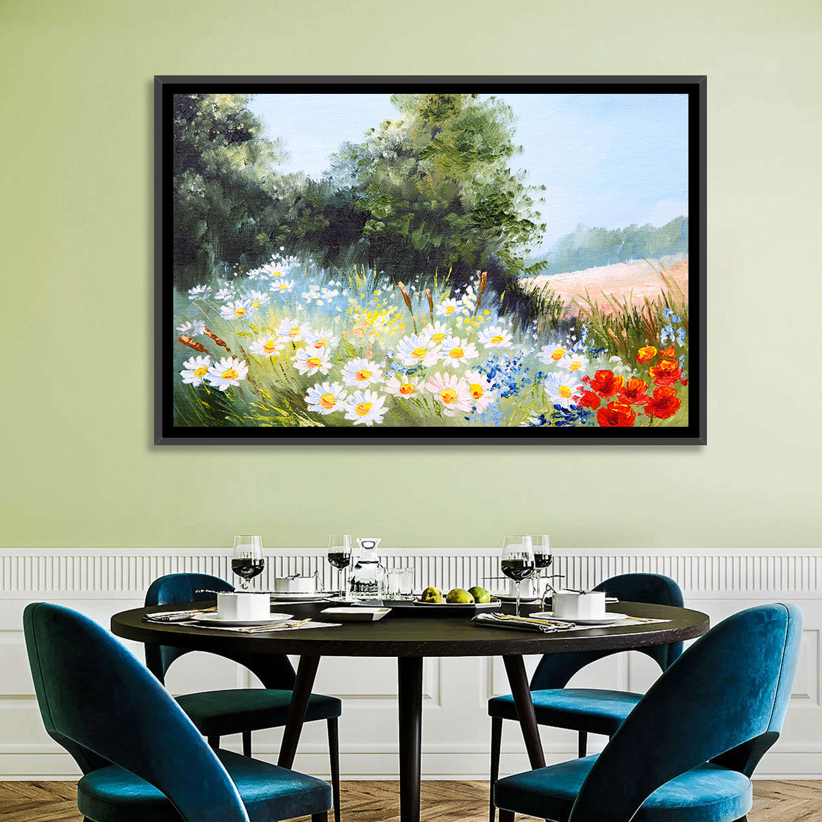 Sunny Daisy Meadow with Red Poppies Wall Art in a room, landscape