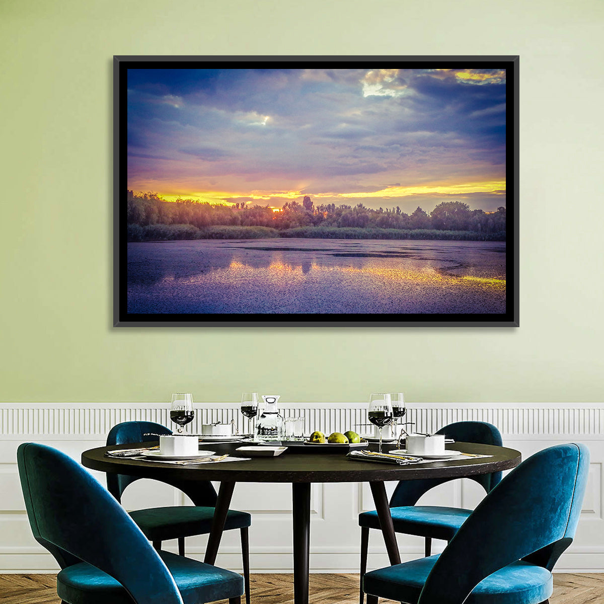 Danube Delta Golden Sunset Wall Art in a room, landscape