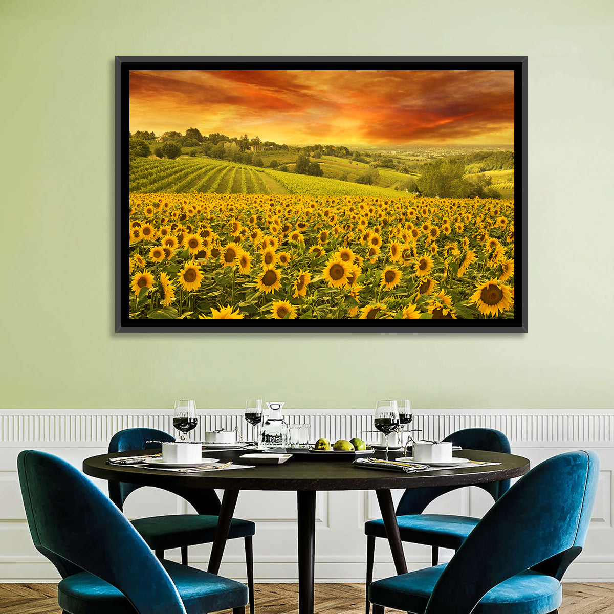 Sunflower Field at Golden Hour Wall Art in a room, landscape