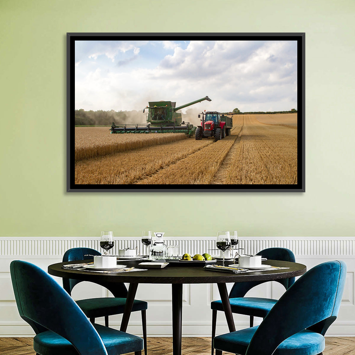 Wheat Harvest with Combine and Tractor Wall Art in a room, landscape