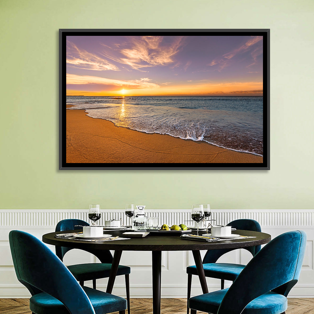 Sunrise Over Ocean Beach Wall Art in a room, landscape