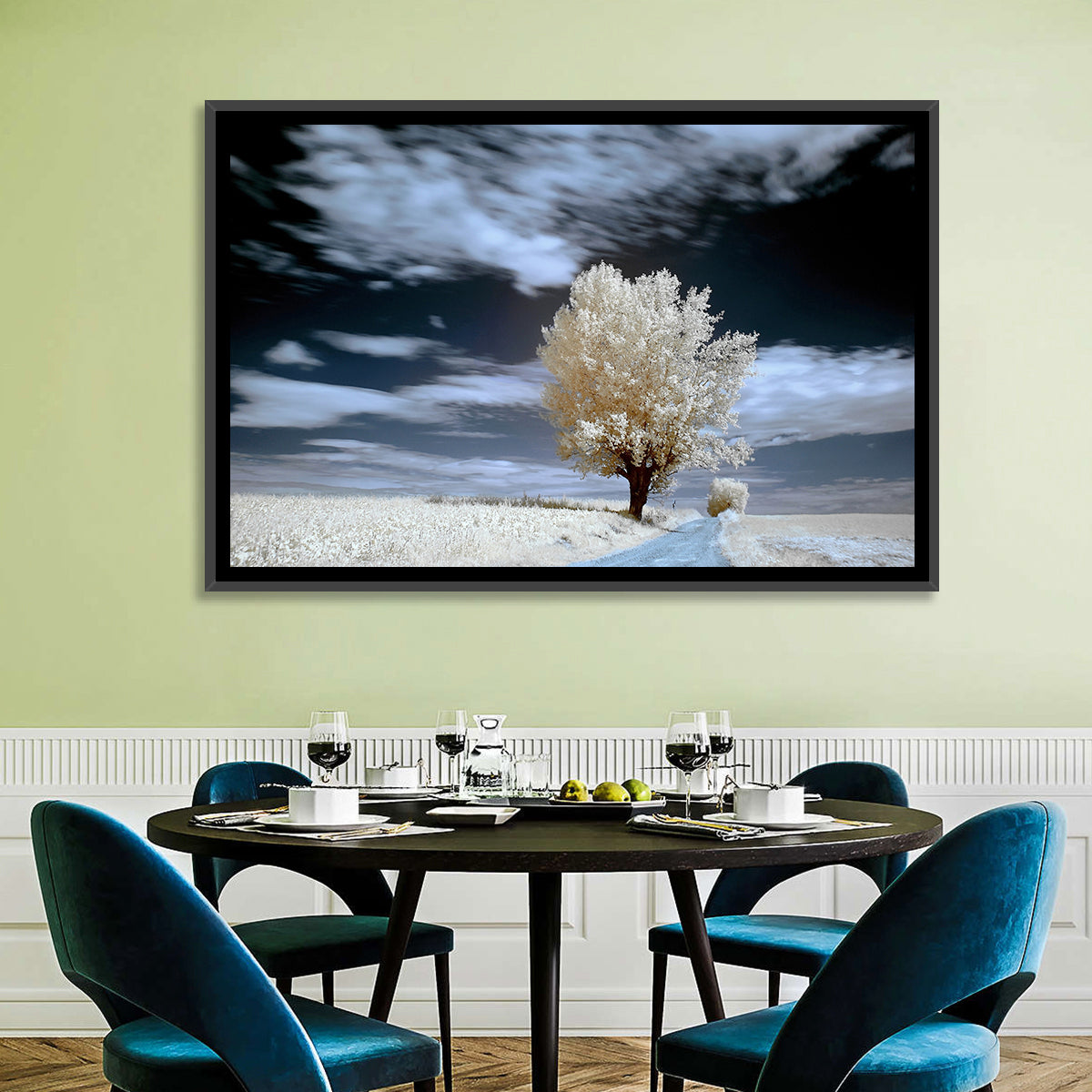 Infrared Winter Willow Tree Wall Art in a room, landscape