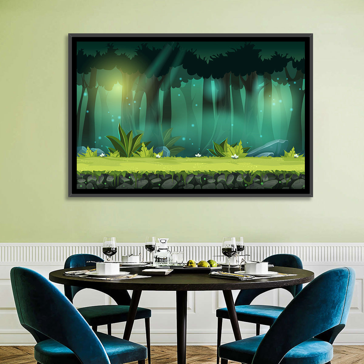 Enchanted Digital Forest Landscape Wall Art in a room, landscape