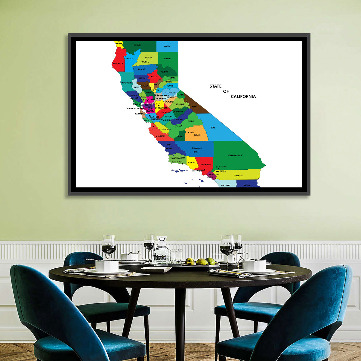 California Map with Colored Counties Wall Art in a room, landscape