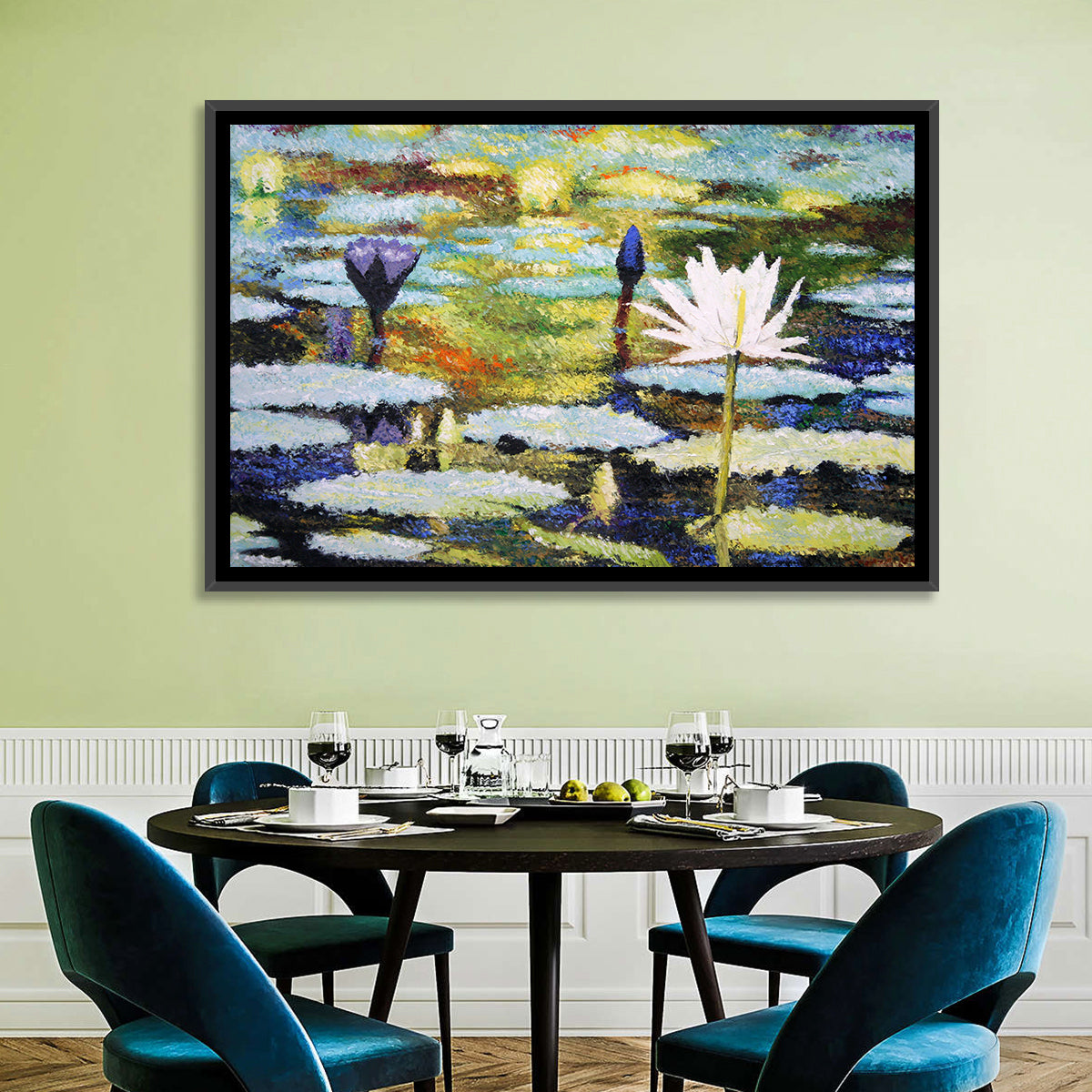 Impressionist Water Lilies Study Wall Art in a room, landscape