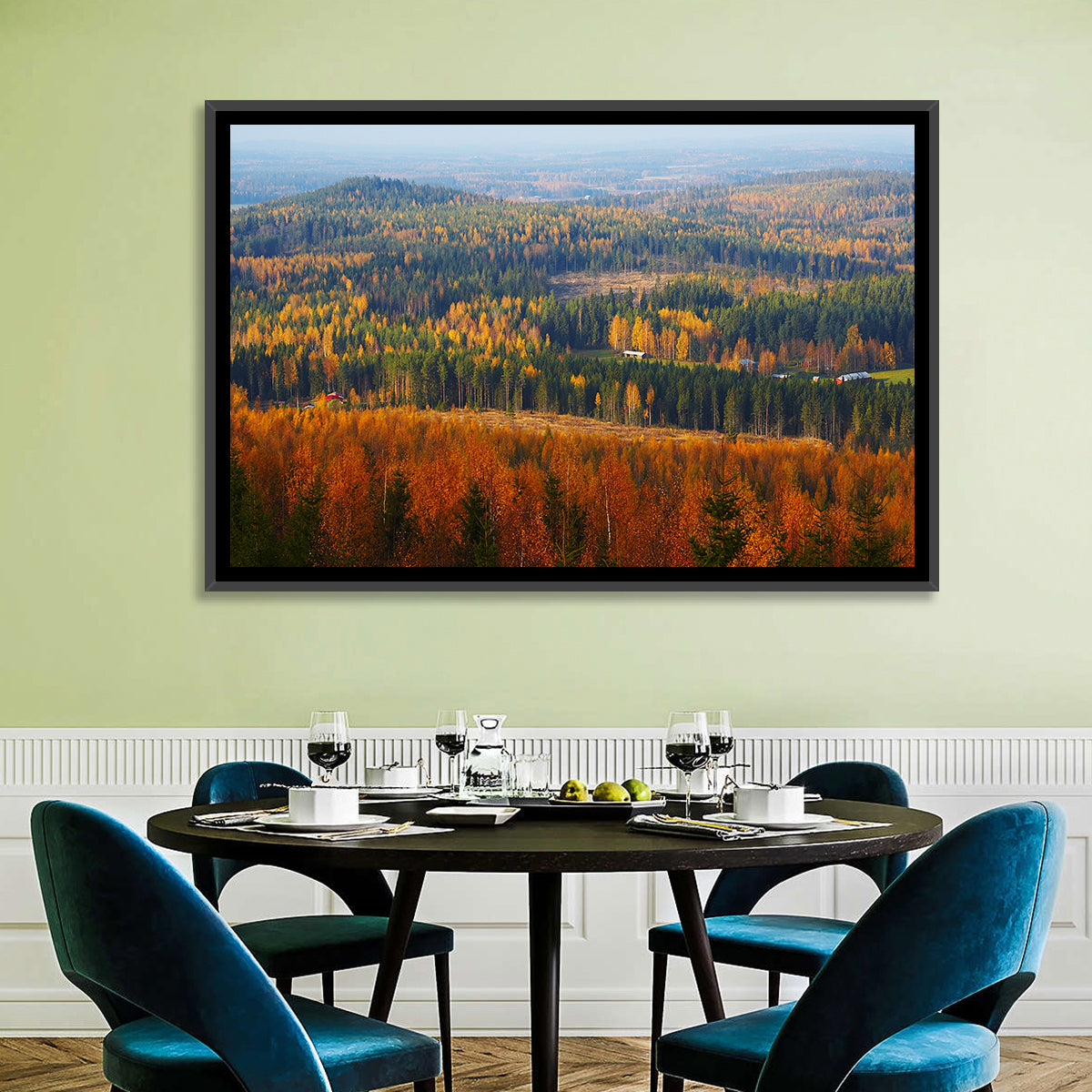 Finnish Autumn Landscape with Red-roofed House Wall Art in a room, landscape
