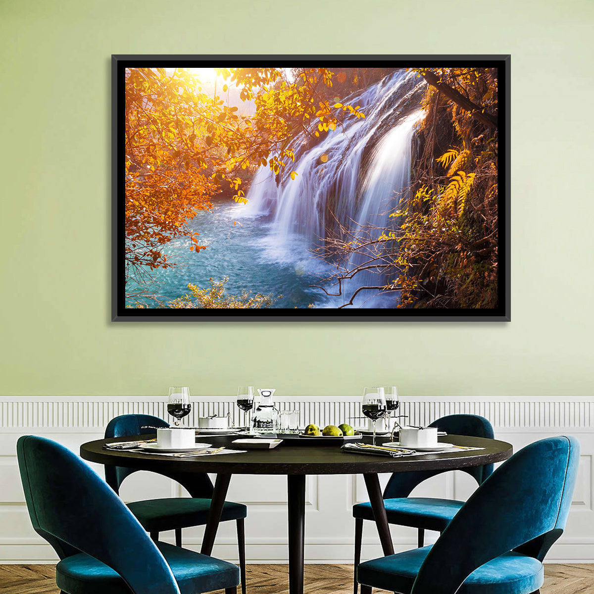 Golden Hour Waterfall in Autumn Forest Wall Art in a room, landscape