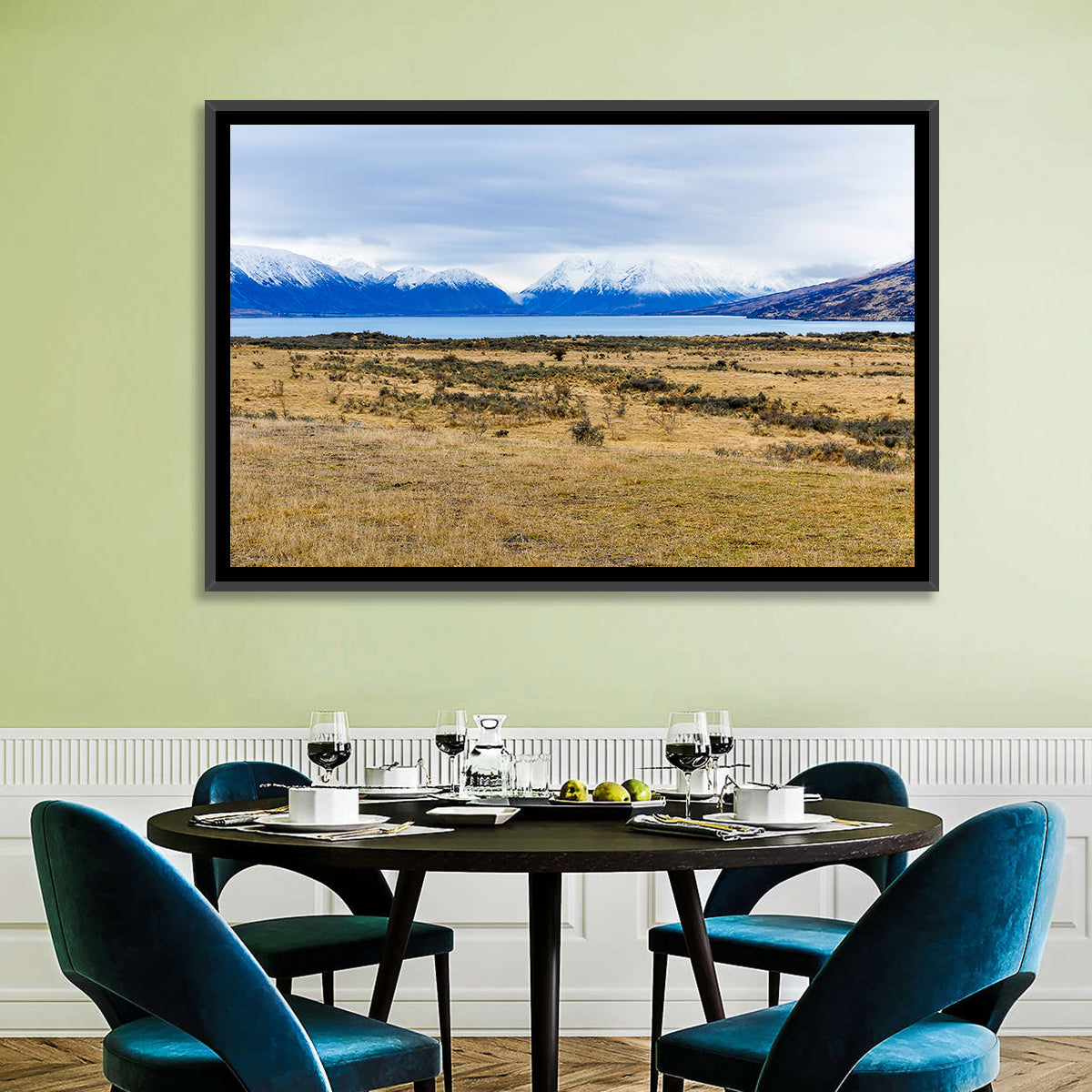 Snowy Peaks of Lake Ohau Wall Art in a room, landscape