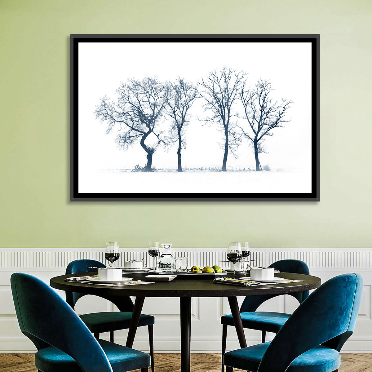 Four Bare Trees in Winter Wall Art in a room, landscape