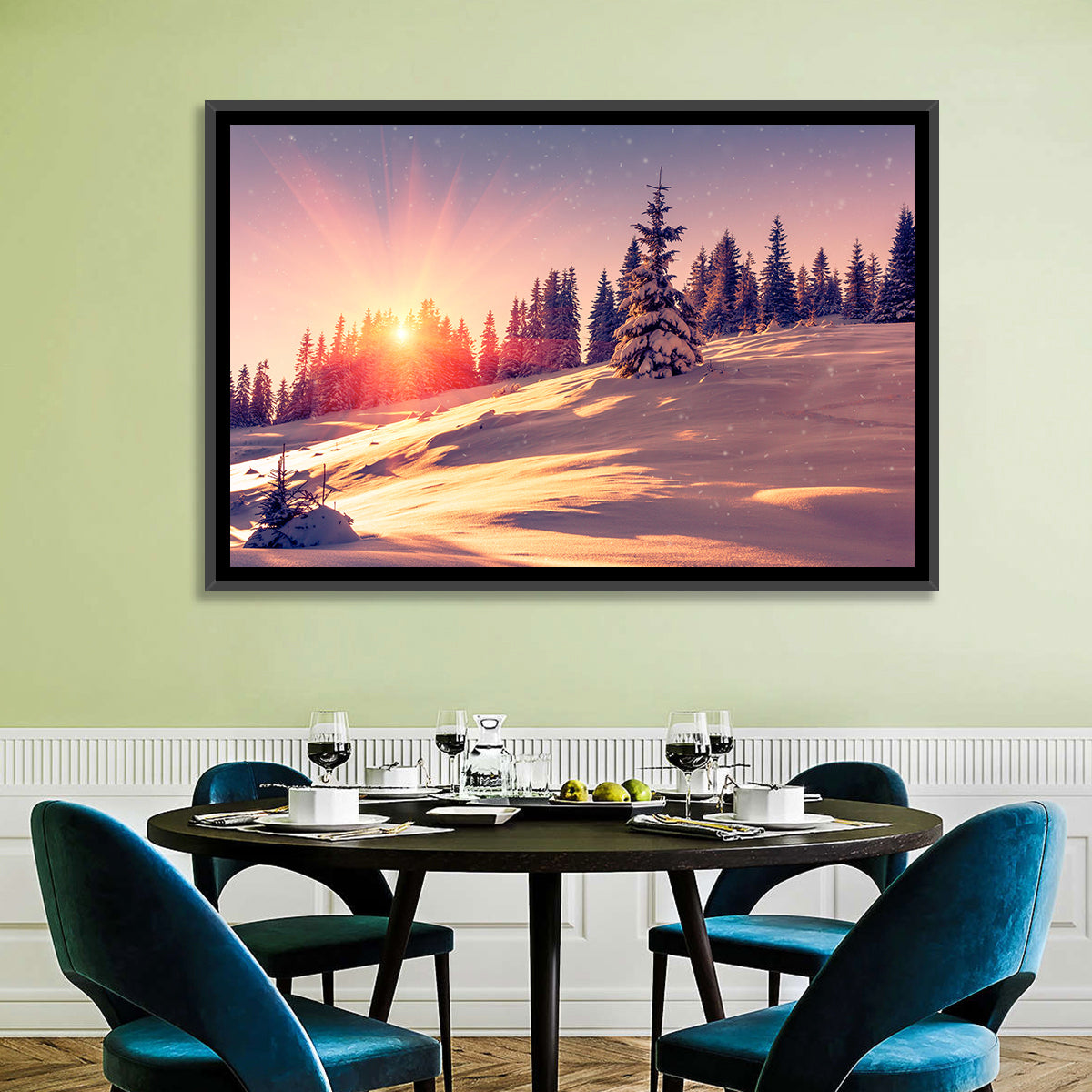 Winter Mountains Sunrise Wall Art in a room, landscape