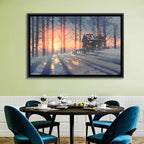 Snowy Forest Cabin at Sunset Wall Art