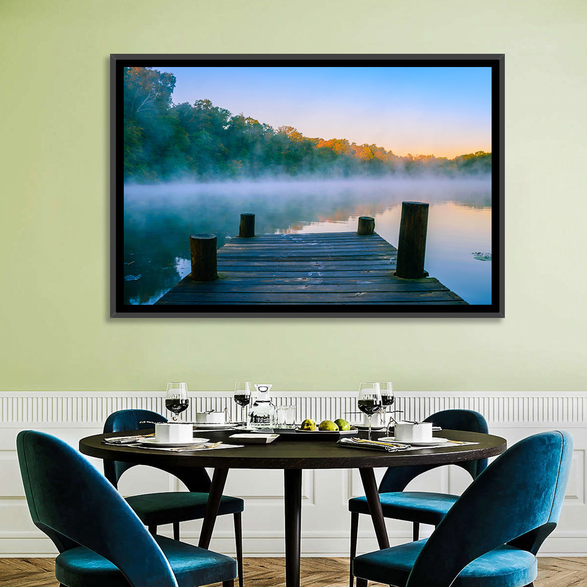 Misty Dock, Mt Saint Francis Wall Art in a room, landscape