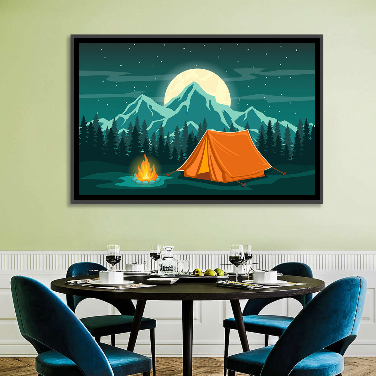 Moonlit Campfire Landscape Wall Art in a room, landscape