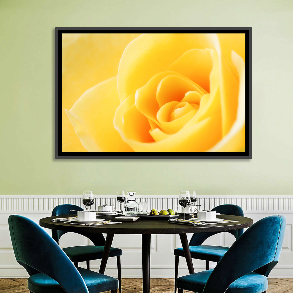 Soft-lit Yellow Rose Close-up Wall Art in a room, landscape
