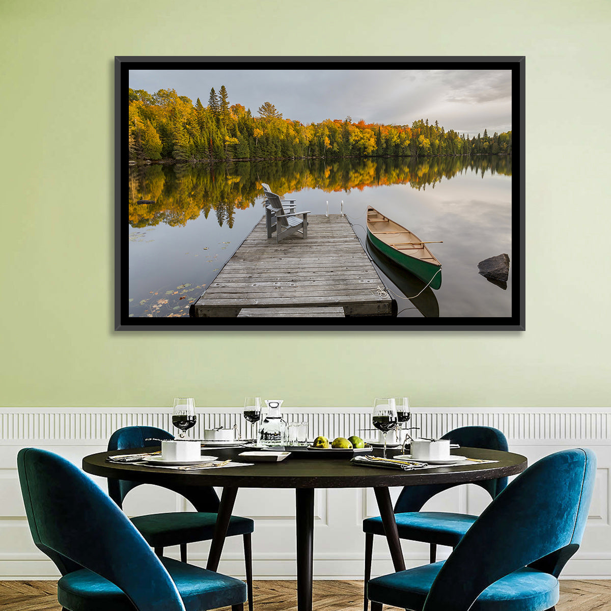 Ontario Autumn Lake Dock Wall Art in a room, landscape