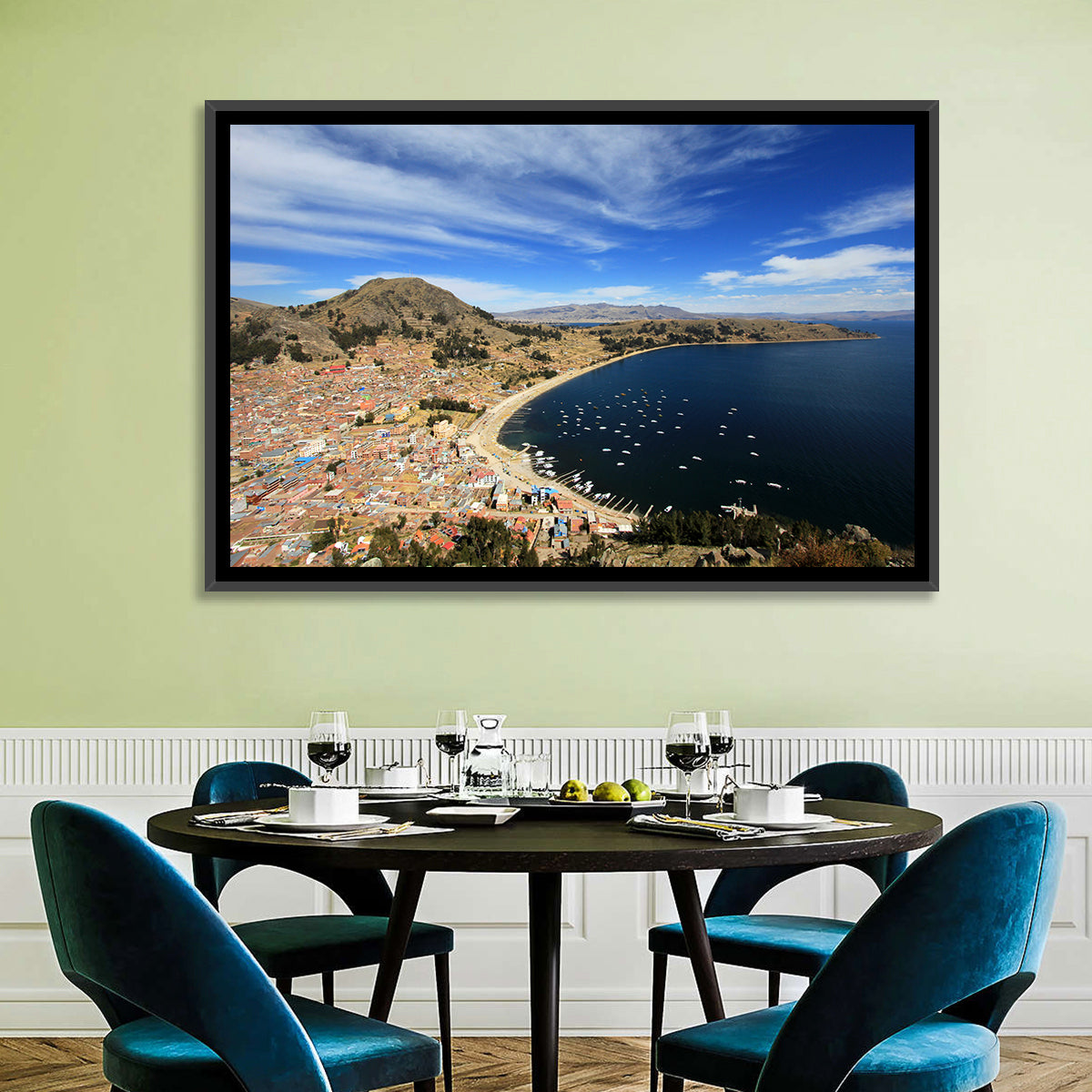 Copacabana Aerial Over Lake Titicaca Wall Art in a room, landscape