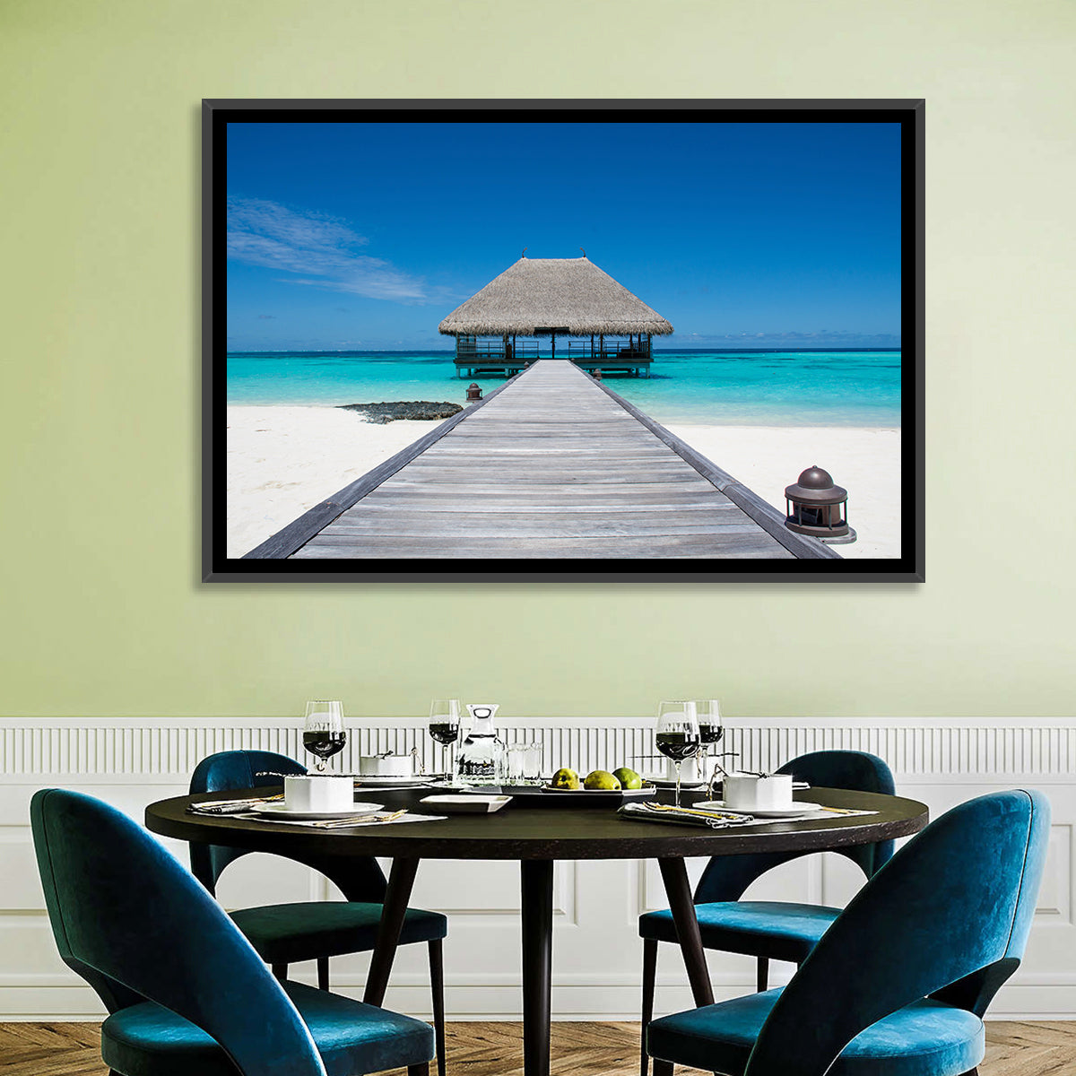 Maldives Turquoise Pier Wall Art in a room, landscape