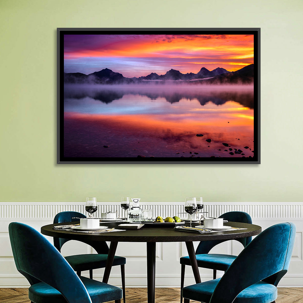 Lake Mcdonald Misty Sunset Wall Art in a room, landscape