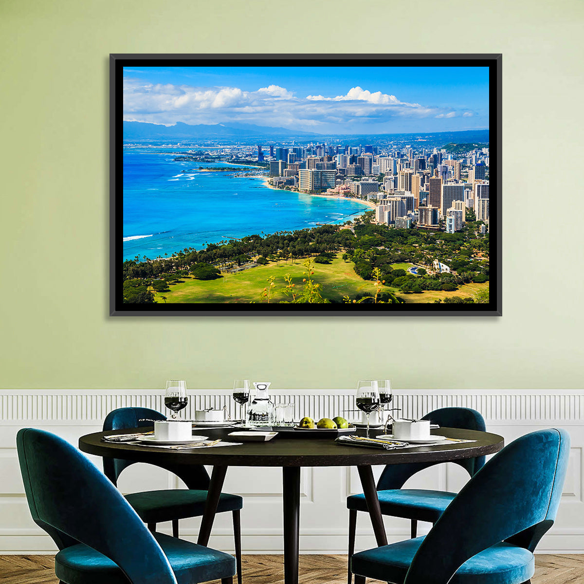 Honolulu Skyline Wall Art in a room, landscape