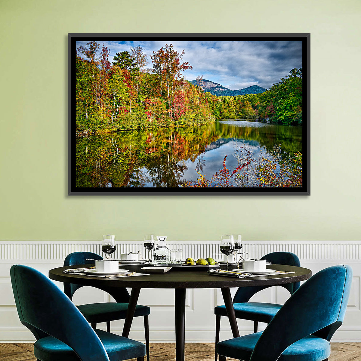 Lake Jocassee Autumn Reflection Wall Art in a room, landscape