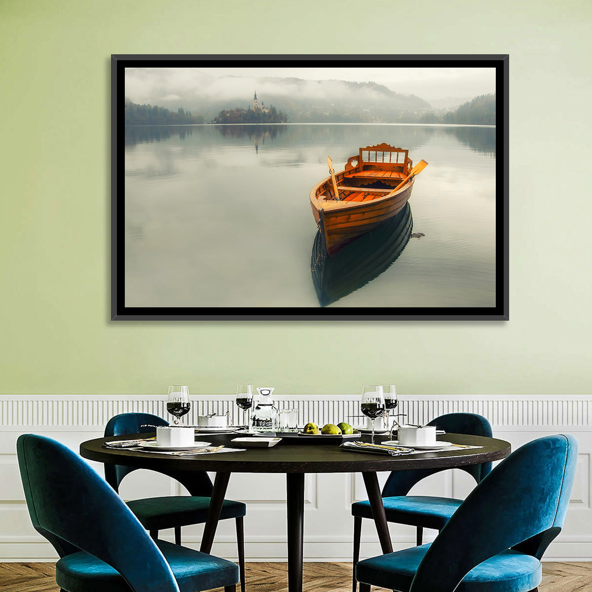 Wooden Boat on Misty Lake Bled Wall Art