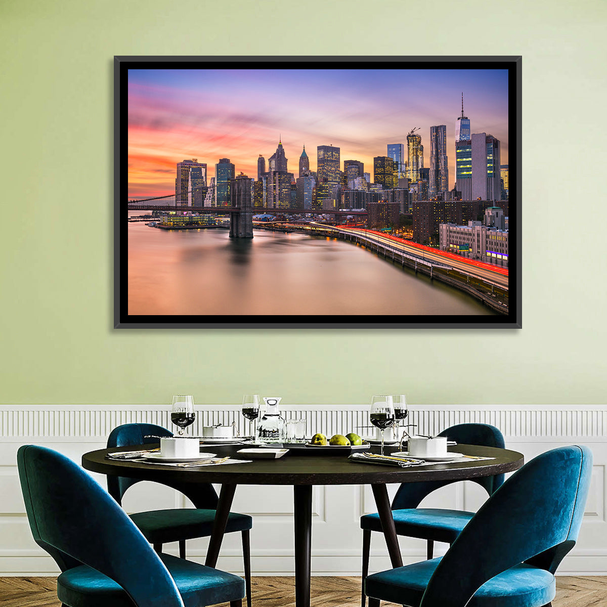 Brooklyn Bridge Light Trails Over Lower Manhattan Wall Art