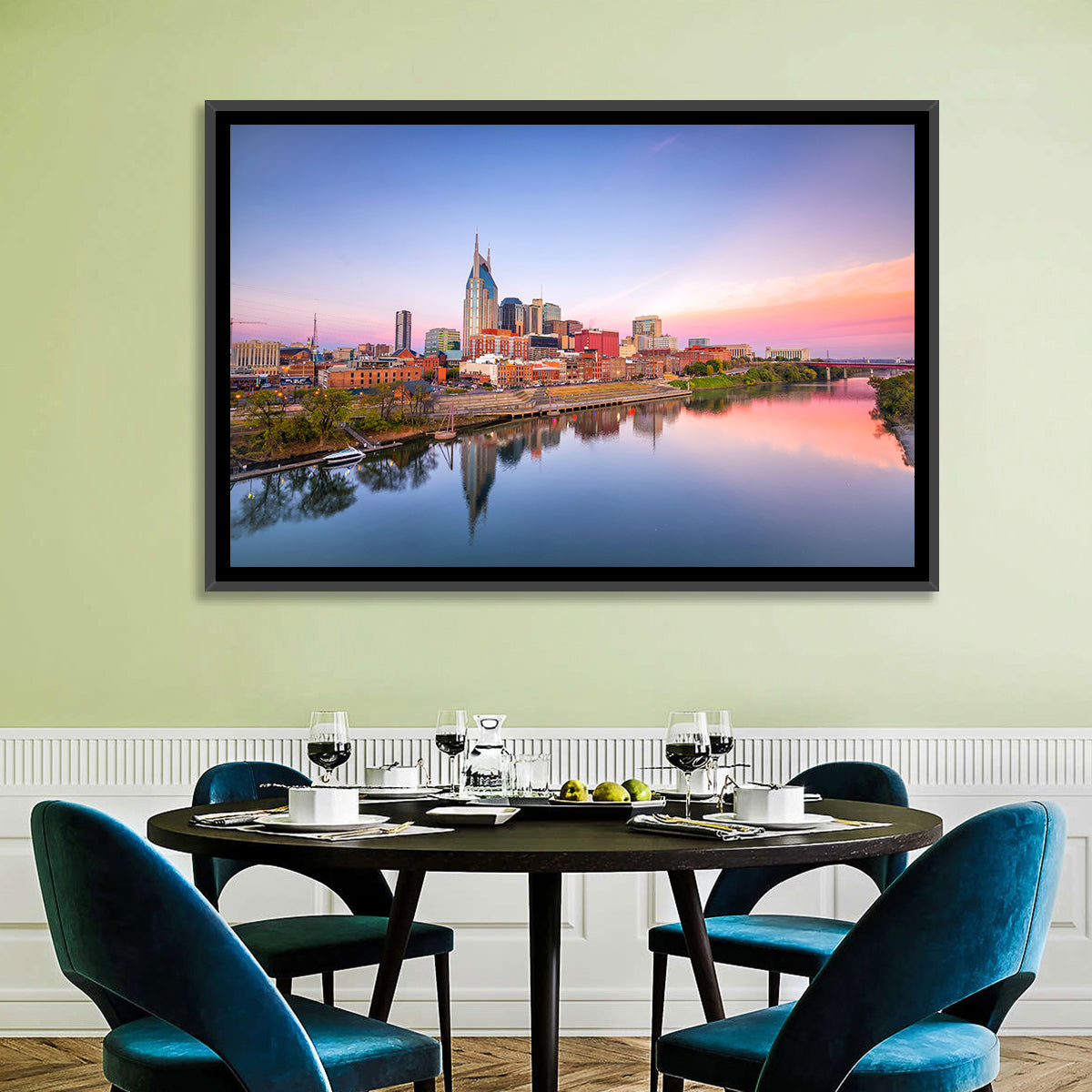 Nashville Skyline at Dusk Wall Art in a room, landscape