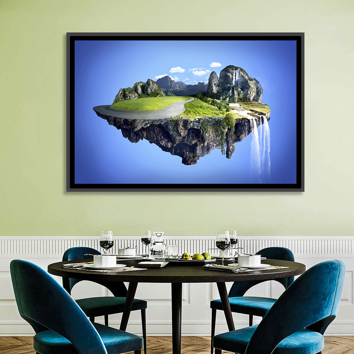 Surreal Floating Island with Waterfalls Wall Art in a room, landscape