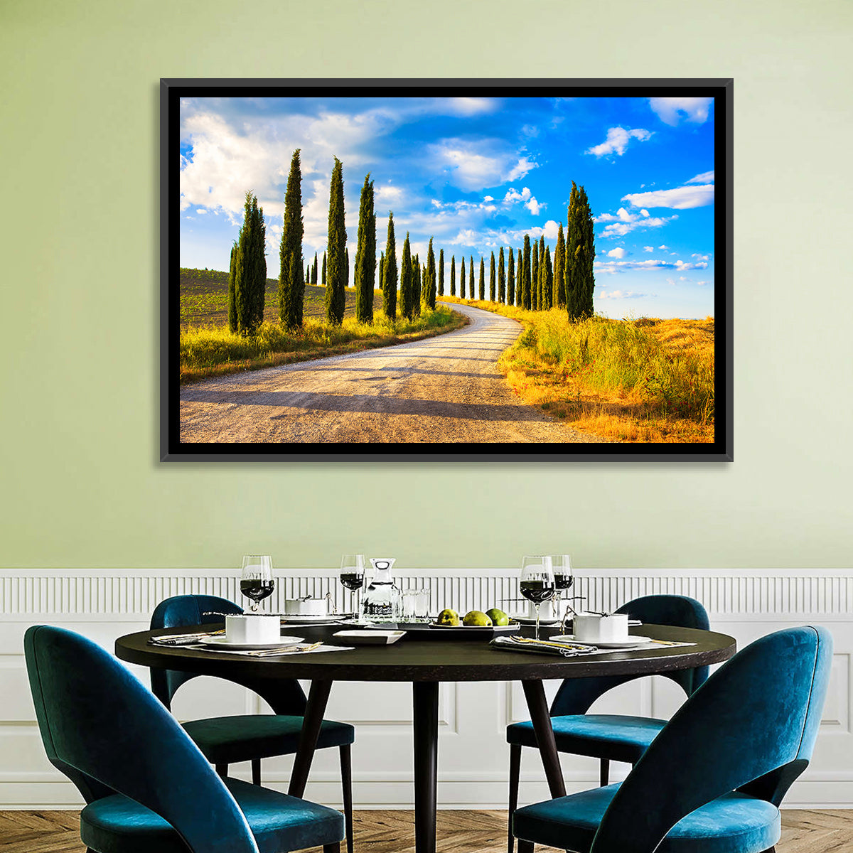 Sunlit Tuscany Cypress Road Wall Art in a room, landscape
