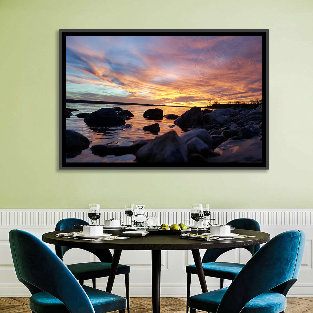 Lake Sakakawea Sunset Wall Art in a room, landscape