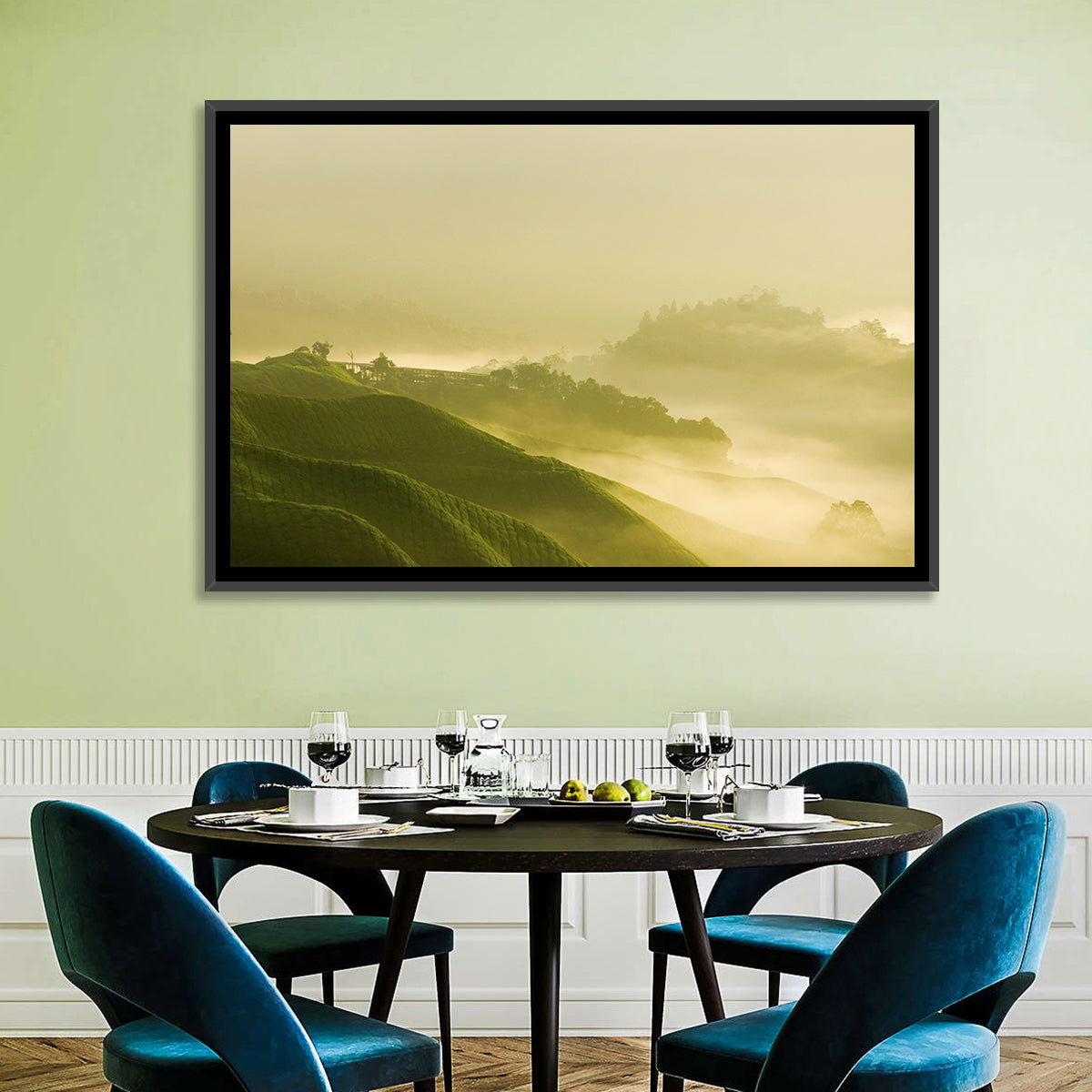 Tea Plantation Morning Mist Wall Art in a room, landscape