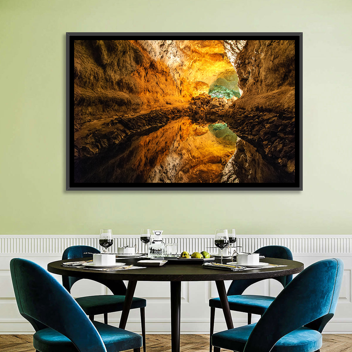 Cave Lake Reflection Wall Art in a room, landscape