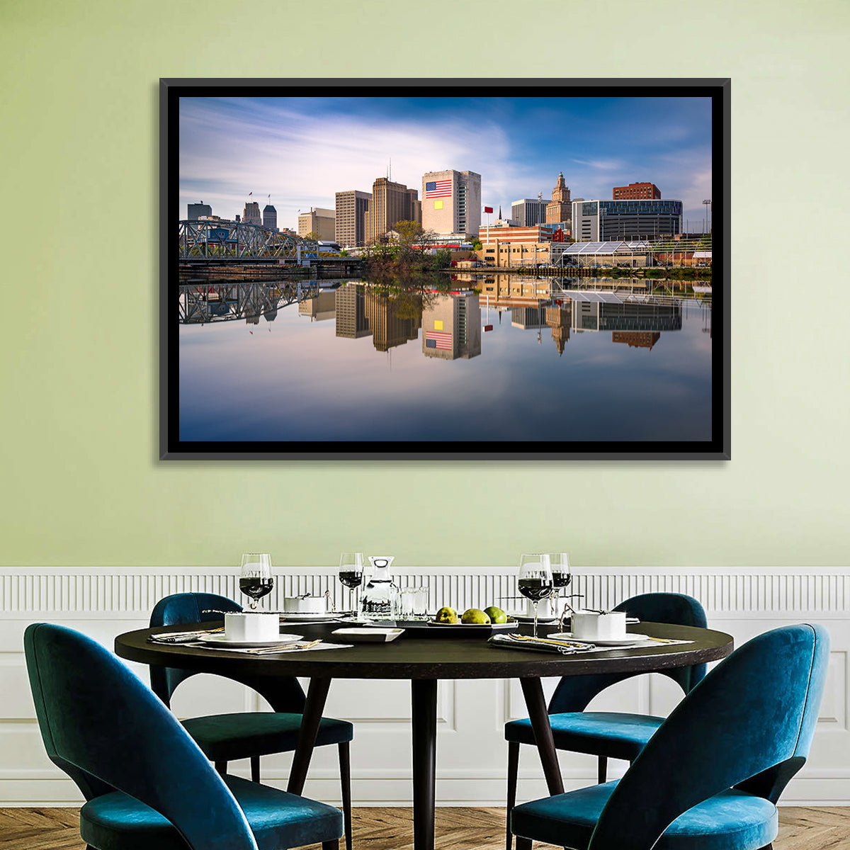 Newark Skyline Reflection Wall Art in a room, landscape
