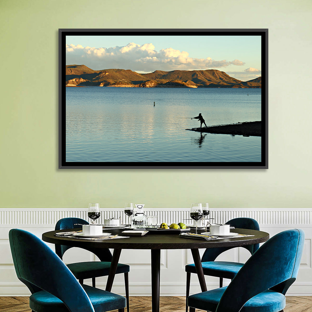 Lake Pleasant Fisherman Silhouette Wall Art in a room, landscape
