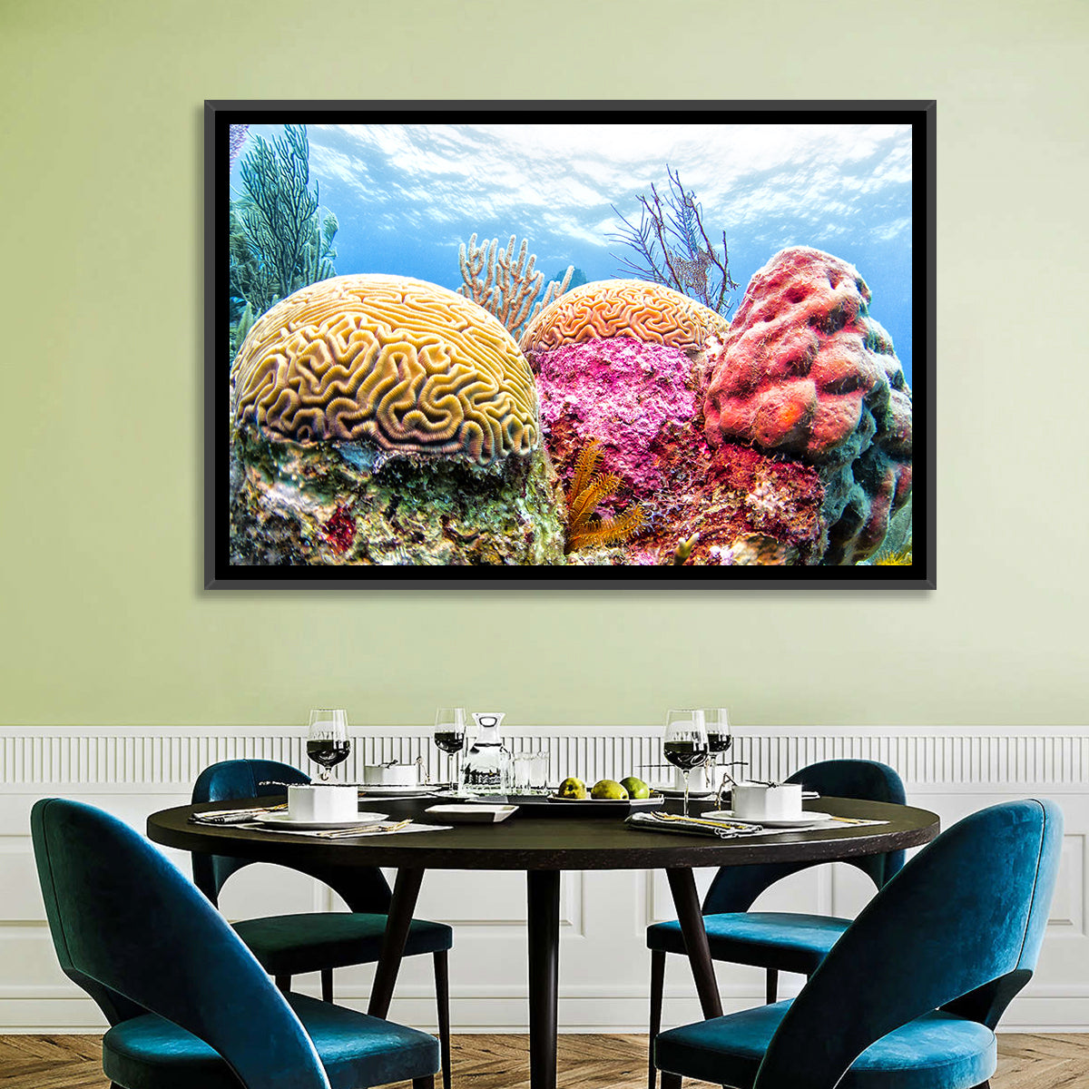 Vibrant Brain Coral Reef Wall Art in a room, landscape