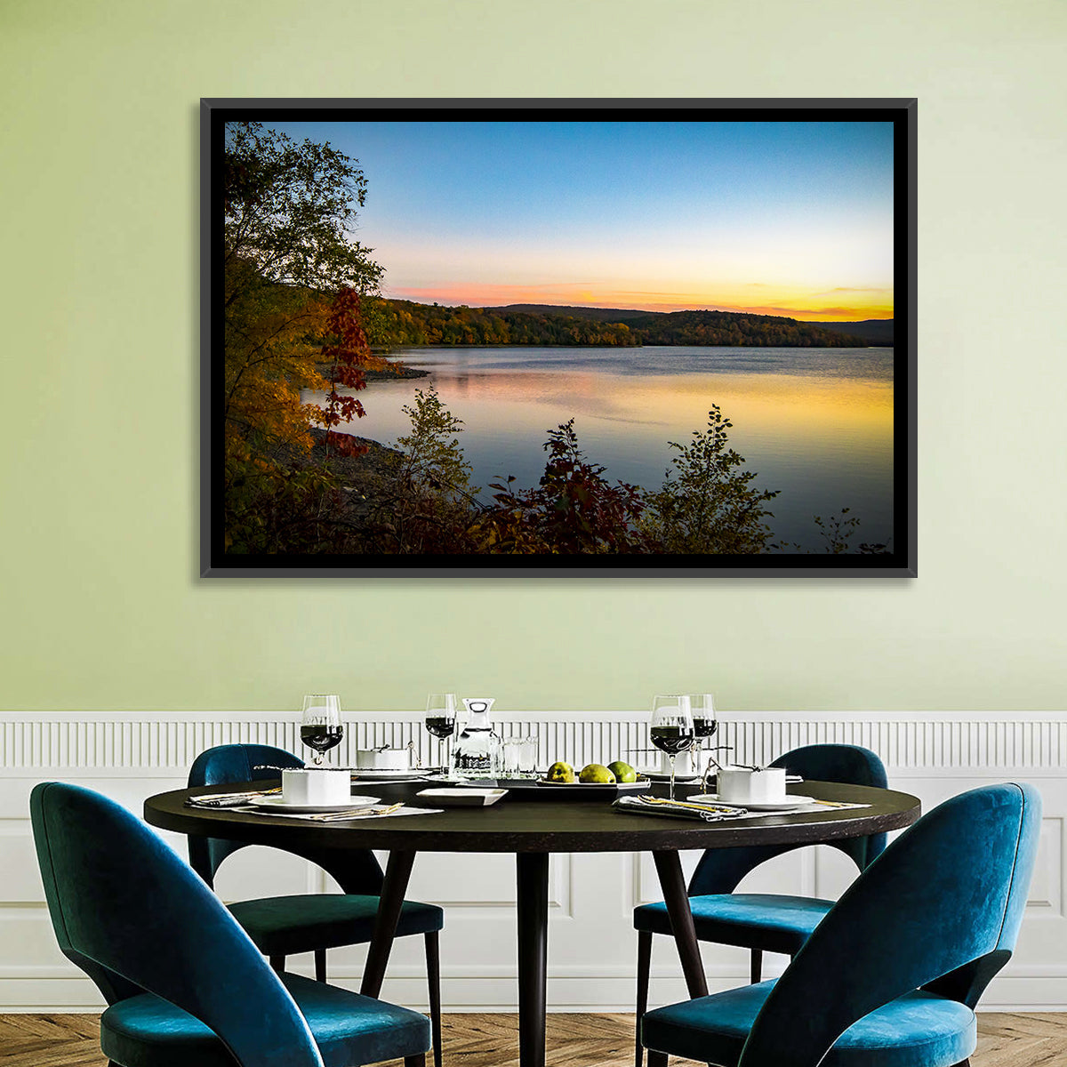 Lake Scranton Sunset Wall Art in a room, landscape