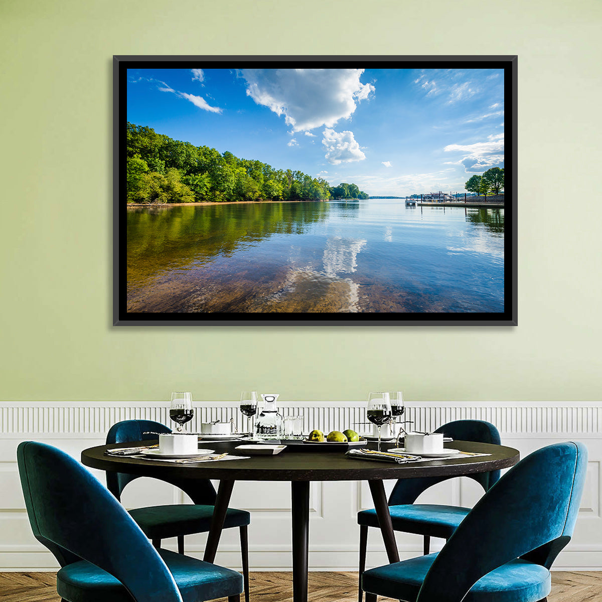 Lake Norman Dockside Reflection Wall Art in a room, landscape