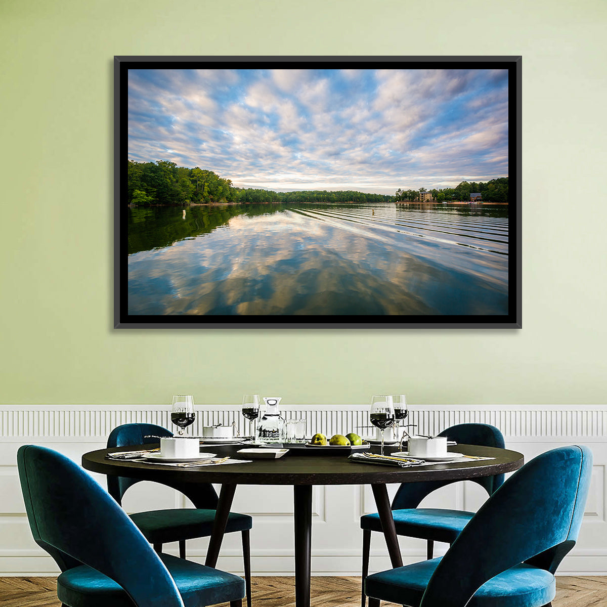 Cloudy Lake Norman Landscape Wall Art in a room, landscape