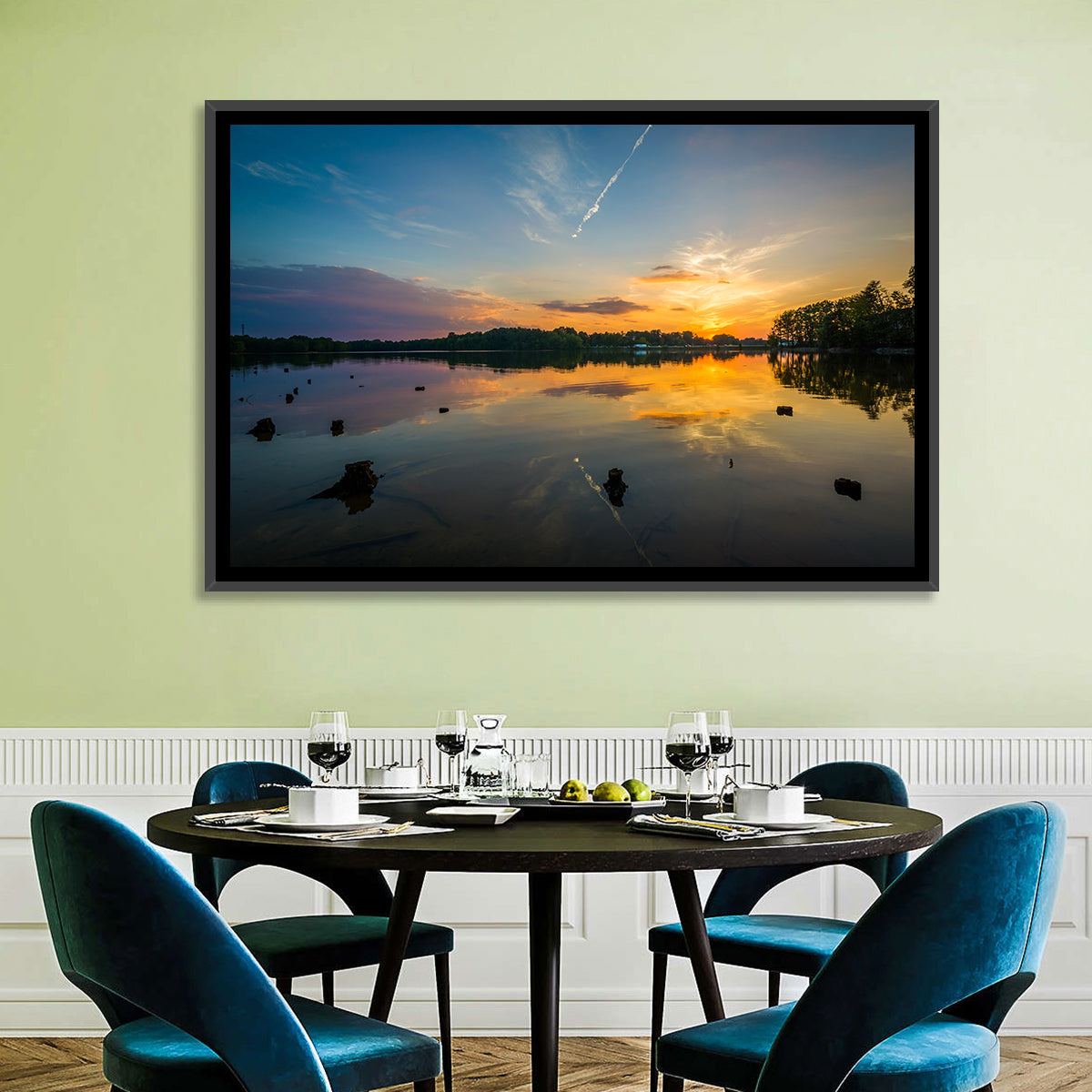 Lake Norman Sunset Reflection Wall Art in a room, landscape