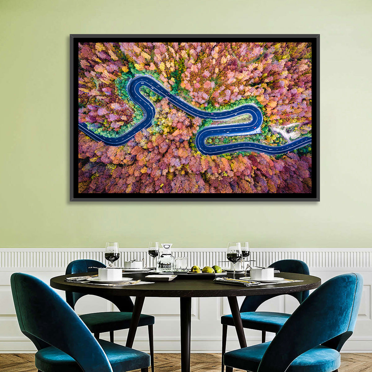 Aerial Winding Road Wall Art in a room, landscape