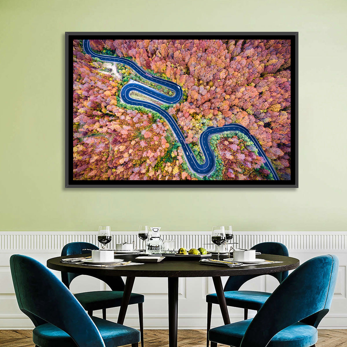 Serpentine Autumn Road Wall Art in a room, landscape