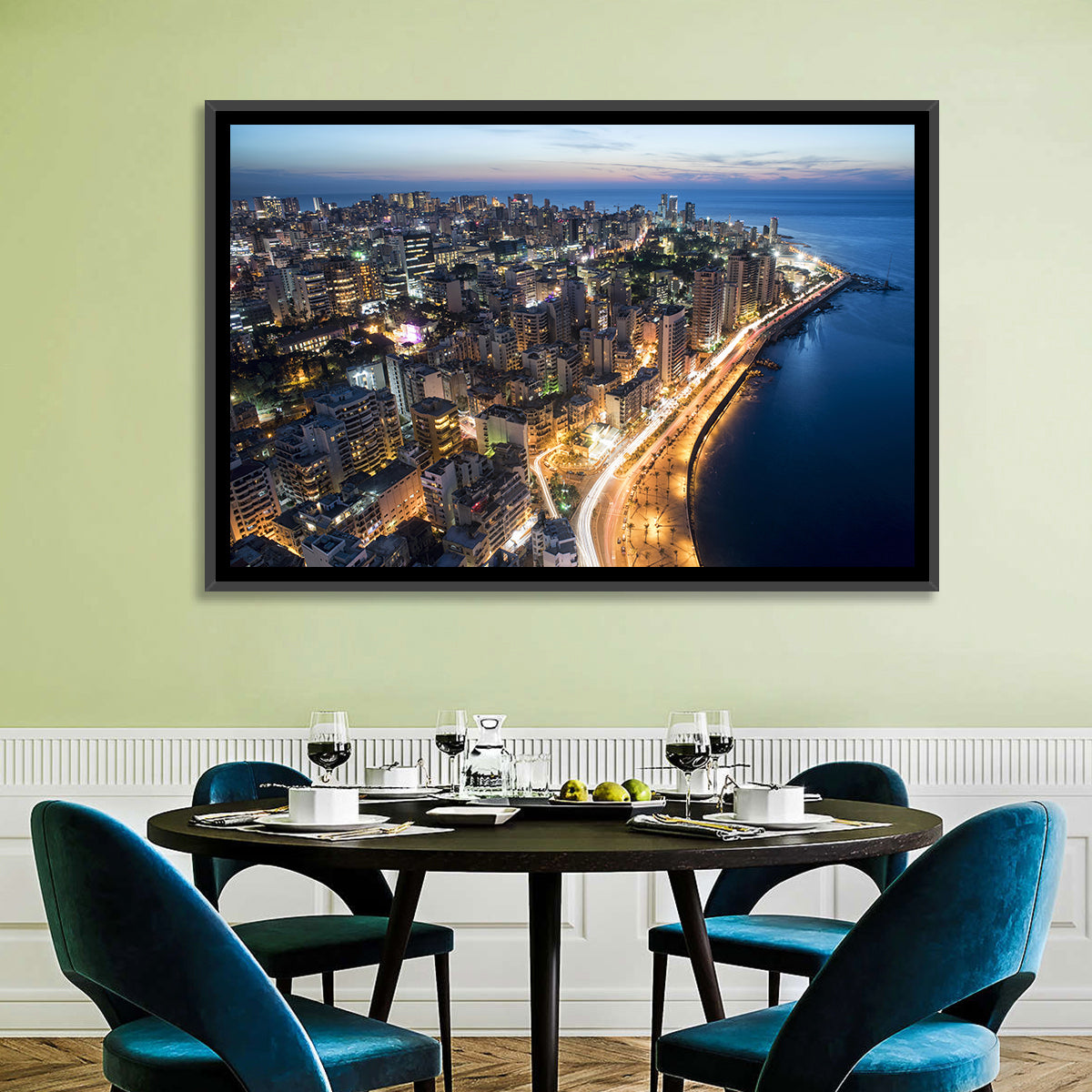 Beirut Corniche at Dusk Wall Art in a room, landscape